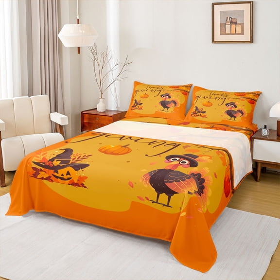 Feelyou Happy Thanksgiving Teens Bed Sheets, Rustic Turkey King Sheets, 4pcs