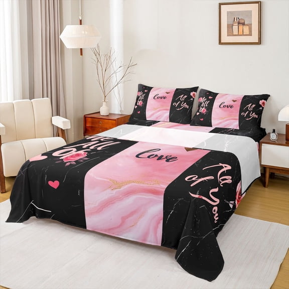 Feelyou Happy Valentine's Day Bed Sheets, Marble Black Pink King Sheets, 4pcs