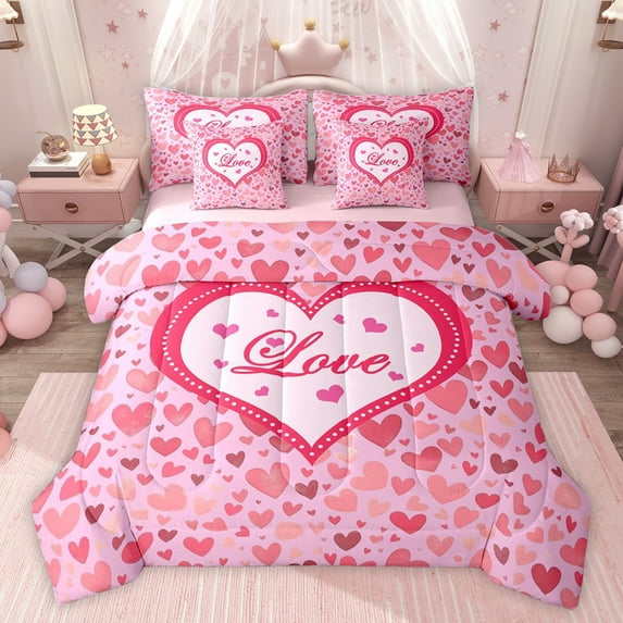 Feelyou Happy Valentine's Day Twin Bedding Sets 7-Piece, Pink Watercolor Bedding Comforter Set, Romantic Love Theme Reversible Sheet Sets, Super Cozy Room Decor
