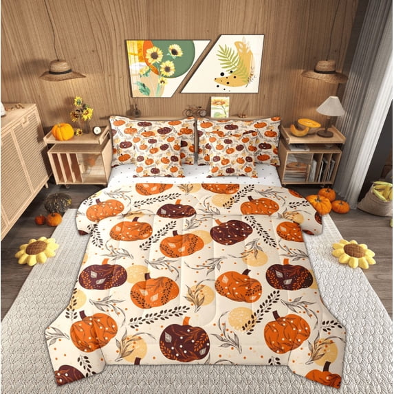 Feelyou Harvest Pumpkin Bedding Comforter Set 7 Pieces, Thanksgiving Day Full Bedding Set, Western Festival Reversible Fitted Sheet Flat Sheet, Super Cozy Room Decor