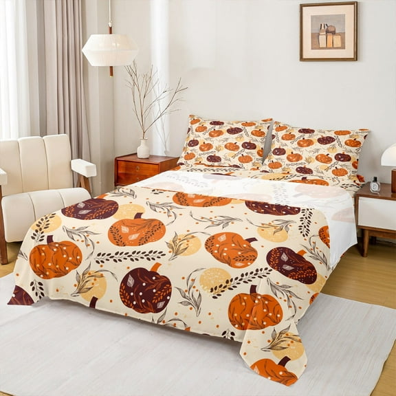 Feelyou Harvest Pumpkin Queen Sheet Sets, Thanksgiving Day Flat Sheet, Western Festival Queen Fitted Sheet, Super Cozy Room Decor, 4pcs