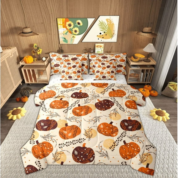 Feelyou Harvest Pumpkin Twin Bedding Sets 7-Piece, Thanksgiving Day Bedding Comforter Set, Western Festival Reversible Sheet Sets, Super Cozy Room Decor