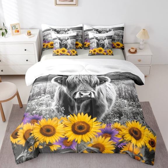 Feelyou Highland Cattle Bedding Comforter Set 7-Piece, Rustic Vibrant Sunflower King Bedding Sets, Kawaii Farmhouse Animal Reversible Bed Sheets, Breathable Home Decor