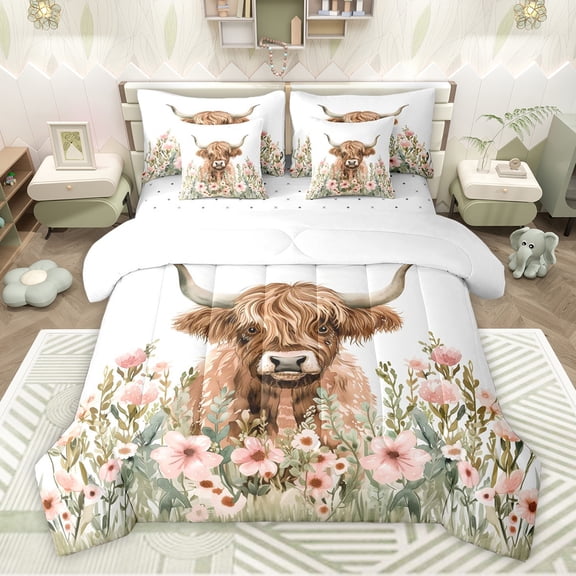 Feelyou Highland Cattle Kids Bedding Comforter Set 7pcs, Pink Groovy Floral Queen Bedding Sets, Rustic Farmhouse Theme Reversible Queen Sheet Sets, Super Cozy Room Decor