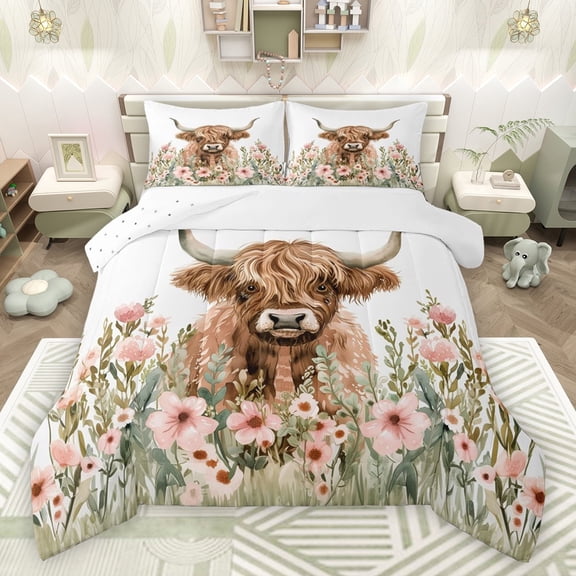 Feelyou Highland Cattle Kids Queen Comforter Set, Pink Groovy Floral Bedding Sets, Rustic Farmhouse Theme Reversible Bedding Comforter Set, Super Cozy Room Decor, 3 Pieces
