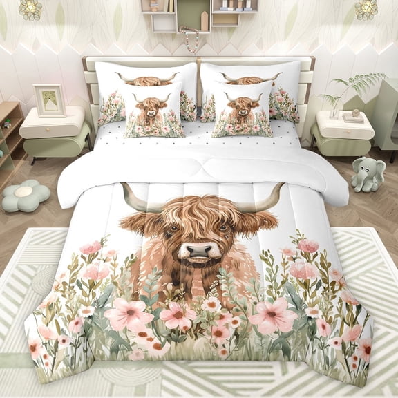 Feelyou Highland Cattle Kids Twin Bedding Sets 7-Piece, Pink Groovy Floral Bedding Comforter Set, Rustic Farmhouse Theme Reversible Sheet Sets, Super Cozy Room Decor