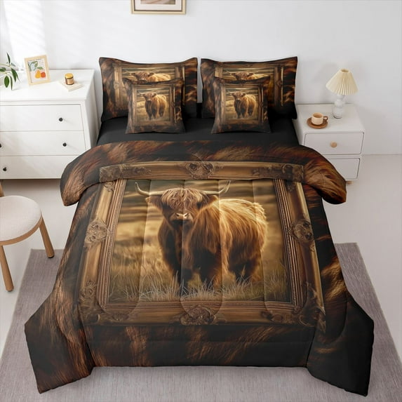 Feelyou Highland Cow Bedding Comforter Set 7 Pieces, Animal Queen Bedding Sets