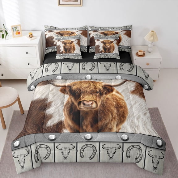 Feelyou Highland Cow Bedding Comforter Set 7pcs, Animal King Bedding Sets