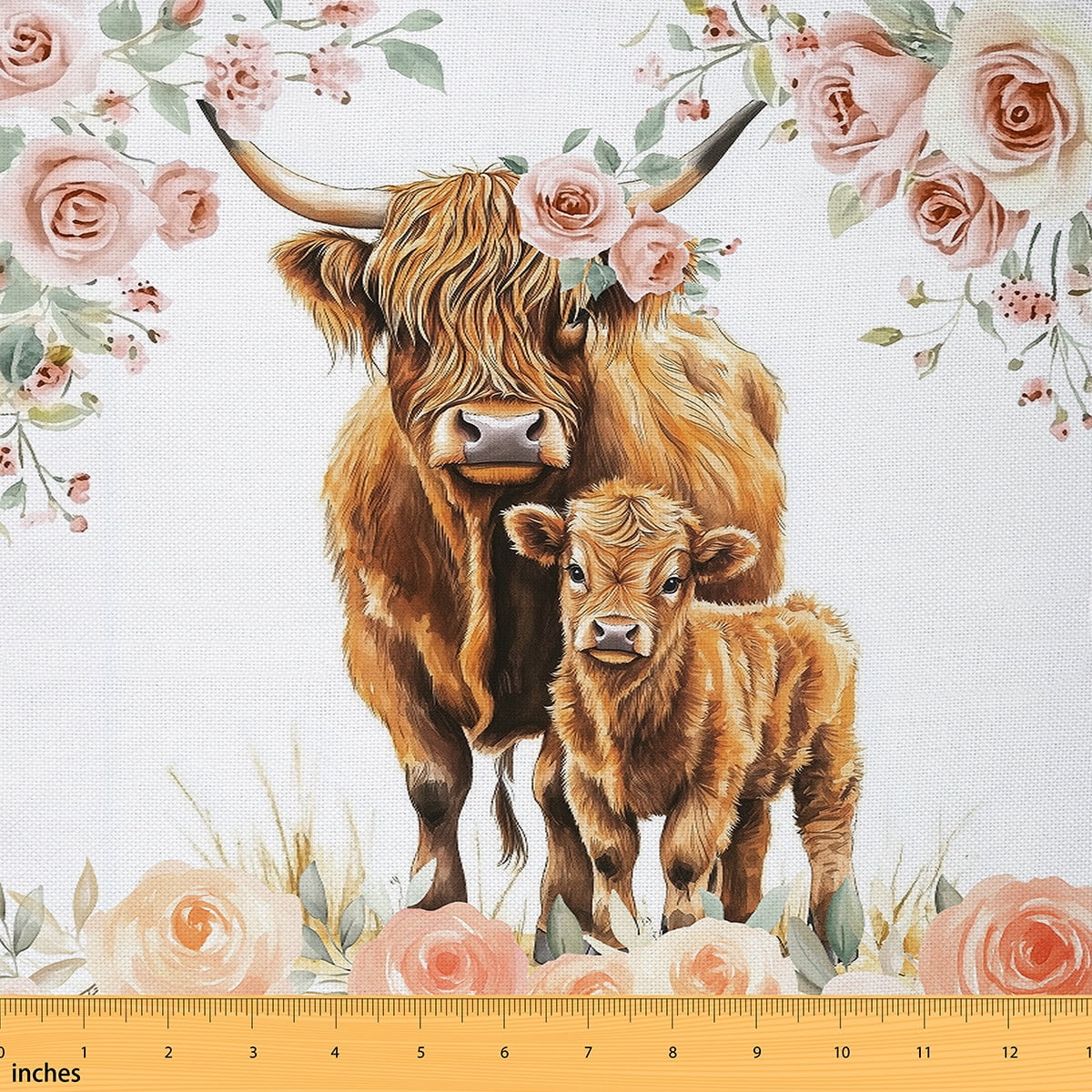 Feelyou Highland Cow Fabric by the Yard 10 Yards, Farmhouse Rose Flower Sewing Fabric, Rustic Animal Home Decor Fabric by the Yard, Luxury Bedroom Decor
