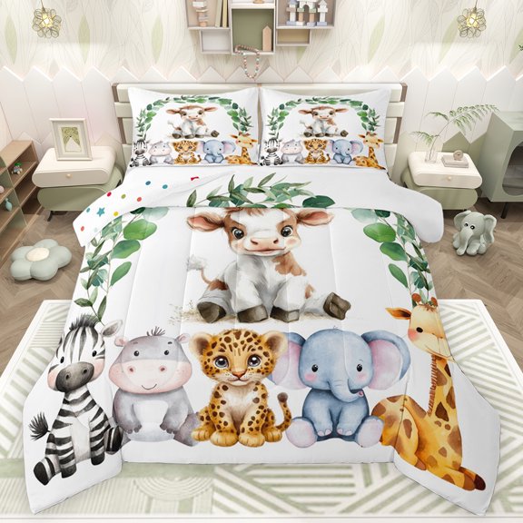 Feelyou Highland Milk Cow Full Size Comforter Sets for Child, Kawaii Hippo Elephant Bedding Comforter Set, Jungle Animal Party Reversible Bedding Sets, Microfiber Bedroom Decor, 3-Piece