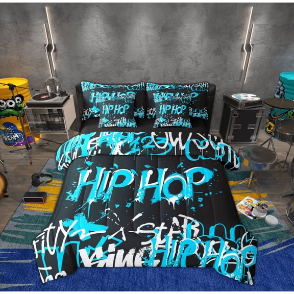Feelyou Hip Hop Music Bedding Comforter Set 7-Piece for Child, Black Blue Graffiti King Bedding Sets, Street Artwork Reversible Bed Sheets, Microfiber Bedroom Decor