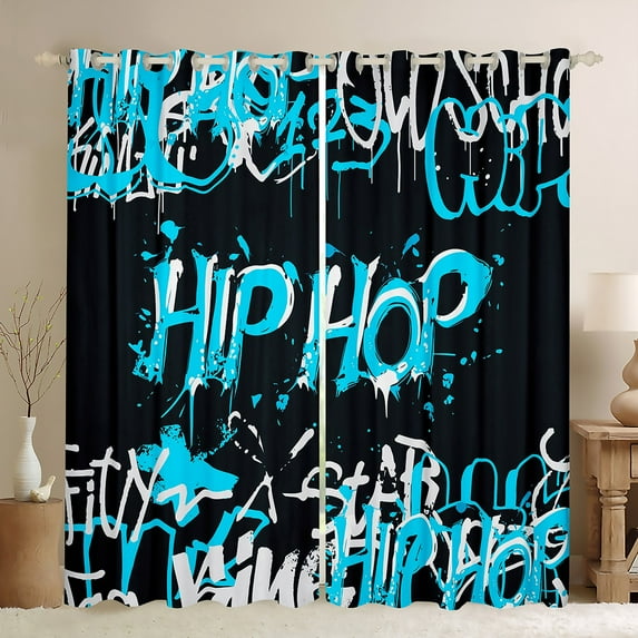 Feelyou Hip Hop Music Black Out Curtains for Child, Black Blue Graffiti Curtains Pack of 2 (42x63 Each), Street Artwork Bedroom Curtains, Blackout Curtains Bedroom Decor