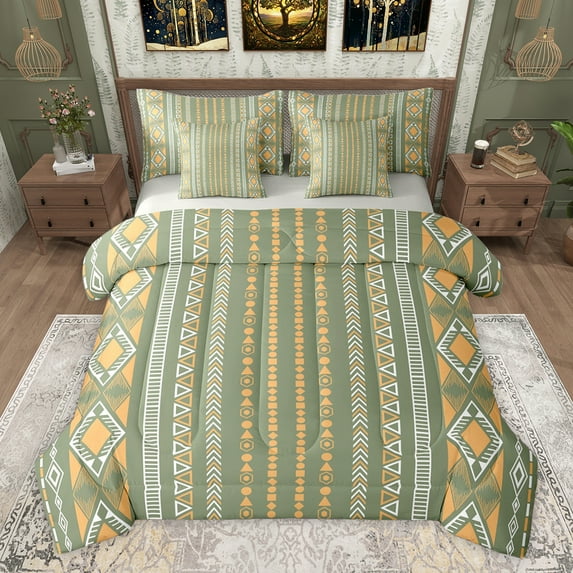 Feelyou Hippie Aztec Adult Bedding Comforter Set 7 Pieces, Vintage Green Abstract Stripes Full Bedding Set, Bohemian Western Style Reversible Fitted Sheet Flat Sheet, Lightweight Room Decor