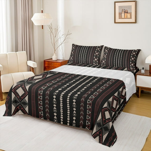 Feelyou Hippie Aztec Adult Full Size Sheets, Black Red Abstract Stripes Bed Sheets, Bohemian Western Style Sheet Sets, Breathable Home Decor, 4pcs