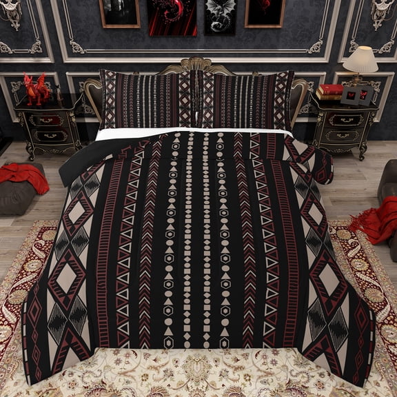 Feelyou Hippie Aztec Adult Queen Comforter Set, Black Red Abstract Stripes Bedding Sets, Bohemian Western Style Reversible Bedding Comforter Set, Breathable Home Decor, 3pcs
