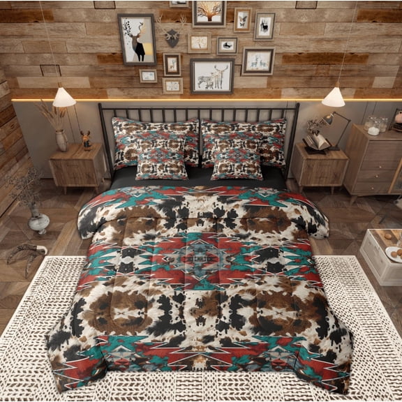 Feelyou Hippie Aztec Bedding Comforter Set 7pcs, Farmhouse Cow Print Queen Bedding Sets, Southwestern Style Reversible Queen Sheet Sets, Luxury Bedroom Decor