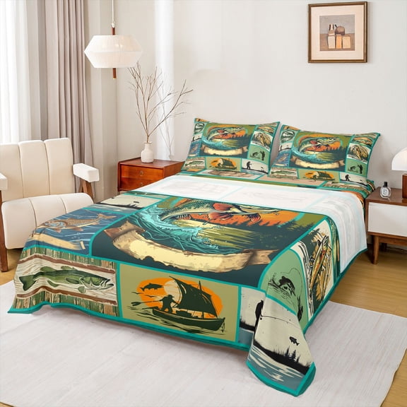 Feelyou Hippie Bass Fish Bed Sheets, Rustic Fishing Animal King Sheets, Retro Lake House Sheet Set, Ultra Soft Bedroom Decor, 4pcs