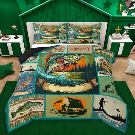 Feelyou Hippie Bass Fish Queen Comforter Set, Rustic Fishing Animal Bedding Sets, Retro Lake House Reversible Bedding Comforter Set, Ultra Soft Bedroom Decor, 3pcs