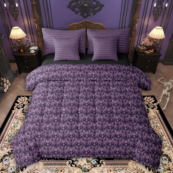 Feelyou Hippie Bat Bedding Comforter Set 7pcs, Purple Damask Flower Queen Bedding Sets