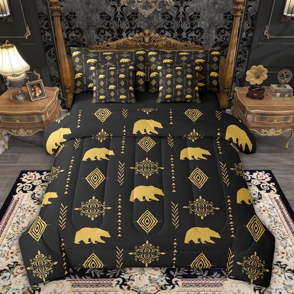 Feelyou Hippie Bear Bedding Comforter Set 7pcs, Yellow Damask Aztec Queen Bedding Sets
