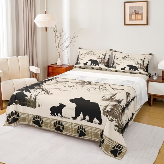 Feelyou Hippie Bear Men Queen Sheet Sets, Cartoon Jungle Animal Flat Sheet, Western Lodge Cabin Queen Fitted Sheet, Microfiber Bedroom Decor, 4 Pieces