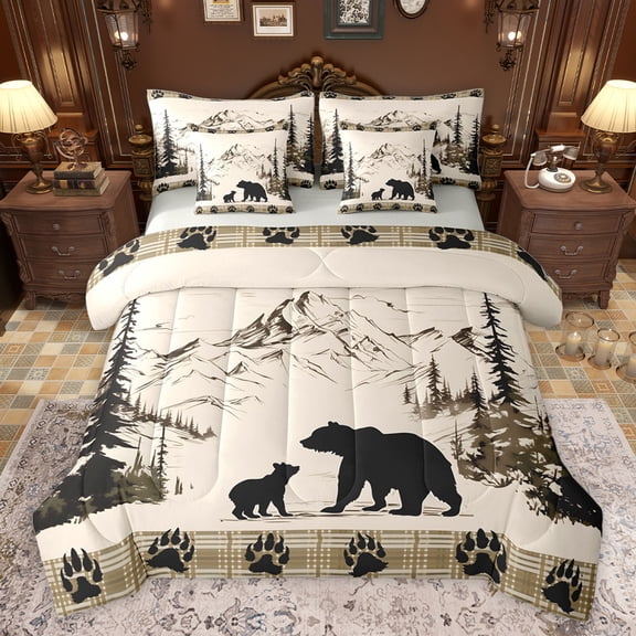 Feelyou Hippie Bear Men Twin Bedding Sets 7-Piece, Cartoon Jungle Animal Bedding Comforter Set, Western Lodge Cabin Reversible Sheet Sets, Microfiber Bedroom Decor