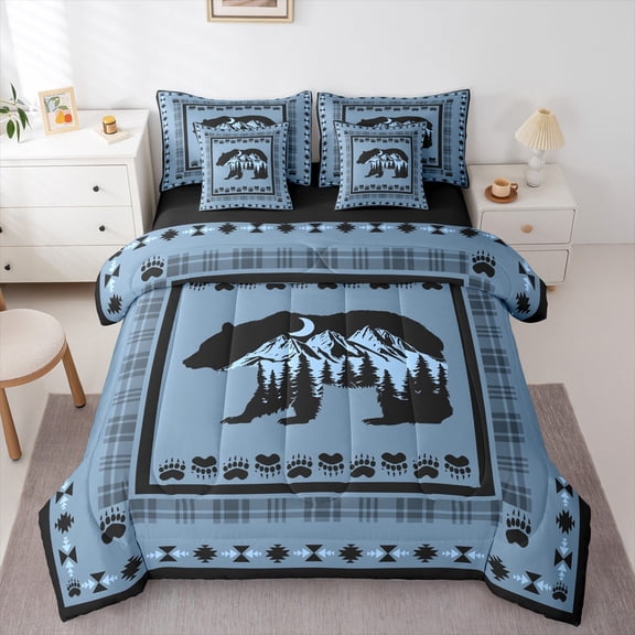 Feelyou Hippie Bear Teens Bedding Comforter Set 7pcs, Rustic Countryside Cabin Queen Bedding Sets, Western Tribal Aztec Reversible Queen Sheet Sets, Lightweight Room Decor