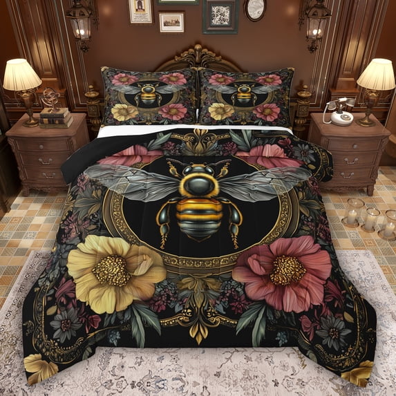 Feelyou Hippie Bee Child Queen Comforter Set, Rustic Boho Flower Bedding Set, 3pcs
