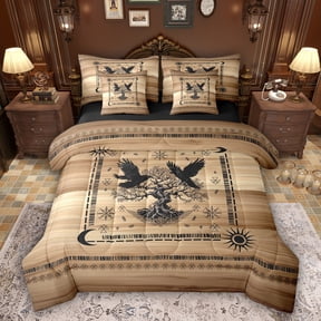 Feelyou Hippie Black Crow Bedding Comforter Set 7pcs, Boho Life Tree Queen Bedding Sets