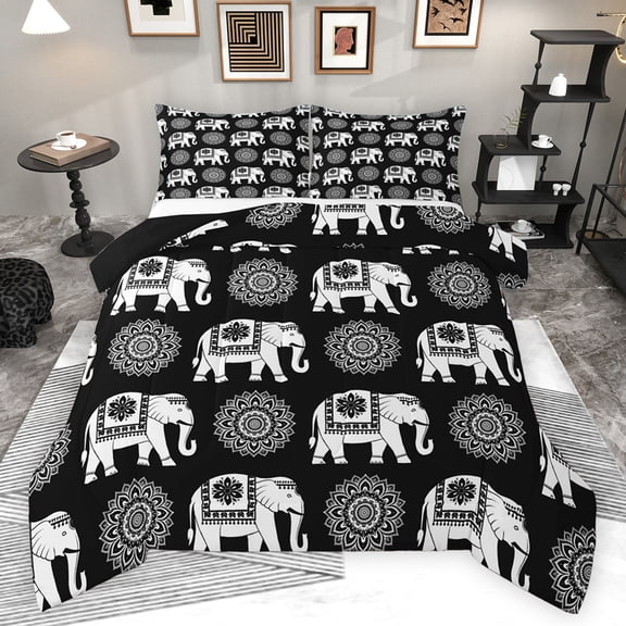 Feelyou Hippie Black Elephant Bedding Comforter Set, Tribal Damask Flower Twin Comforter Sets, Teens Kids Boys Girls Reversible Bedding Set, Luxury Bedroom Decor, 2-Piece