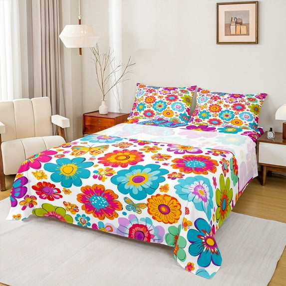 Feelyou Hippie Blossoms Flower Full Size Sheets, Rustic Groovy Bed Sheets, 4-Piece