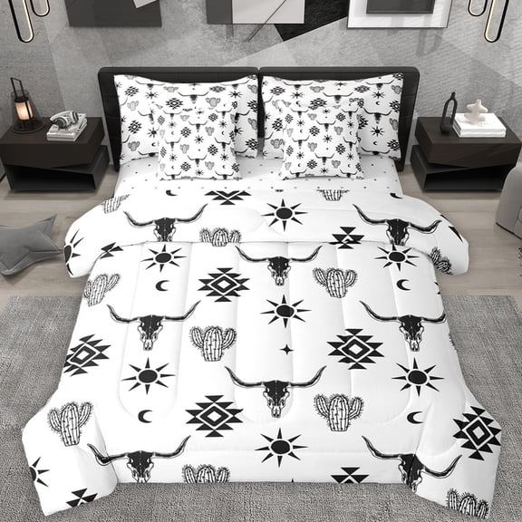 Feelyou Hippie Bohemian Aztec Bedding Comforter Set 7pcs, White Black Triangle King Bedding Sets, Southwestern Theme Reversible Bed Sheets, Ultra Soft Bedroom Decor