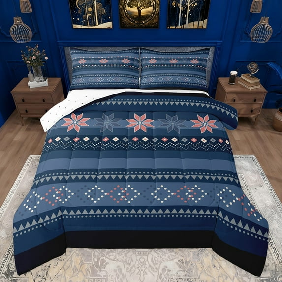 Feelyou Hippie Bohemian Aztec Bedding Comforter Set, Blue Tribal Square Twin Comforter Sets, Vintage Western Fashion Reversible Bedding Set, Ultra Soft Bedroom Decor, 2 Pieces