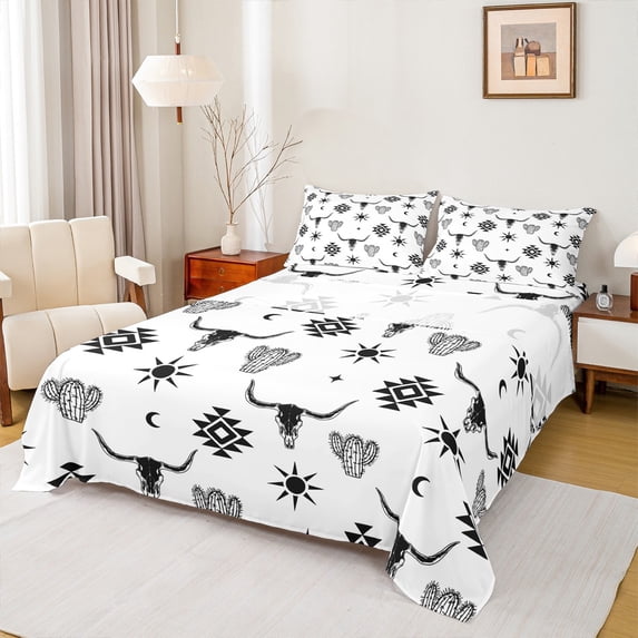 Feelyou Hippie Bohemian Aztec Full Size Sheets, White Black Triangle Bed Sheets, Southwestern Theme Sheet Sets, Ultra Soft Bedroom Decor, 4pcs
