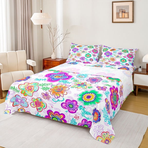 Feelyou Hippie Boho Flower Bed Sheets, Retro Western Paisley King Sheets, 4 Pieces