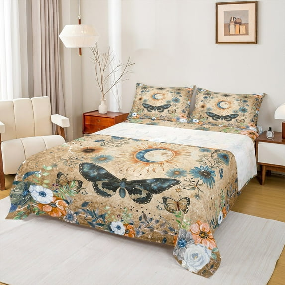 Feelyou Hippie Butterfly Kids Bed Sheets, Boho Tribal Sun King Sheets, Retro Rustic Floral Sheet Set, Luxury Bedroom Decor, 4 Pieces