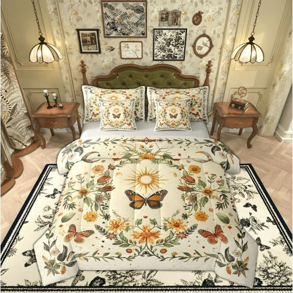 Feelyou Hippie Butterfly Kids Bedding Comforter Set 7pcs, Boho Tribal Sun Queen Bedding Sets, Rustic Vibrant Floral Reversible Queen Sheet Sets, Microfiber Bedroom Decor