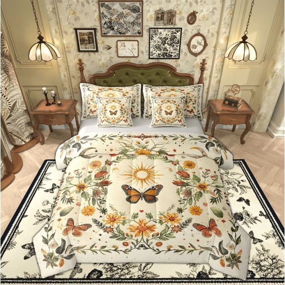 Feelyou Hippie Butterfly Kids Bedding Comforter Set 7pcs, Boho Tribal Sun Queen Bedding Sets, Rustic Vibrant Floral Reversible Queen Sheet Sets, Microfiber Bedroom Decor