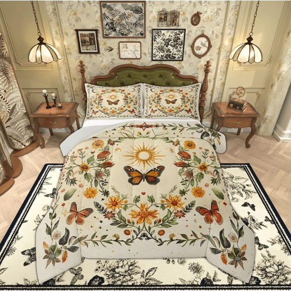 Feelyou Hippie Butterfly Kids Full Size Comforter Sets, Boho Tribal Sun Bedding Comforter Set, Rustic Vibrant Floral Reversible Bedding Sets, Microfiber Bedroom Decor, 3pcs