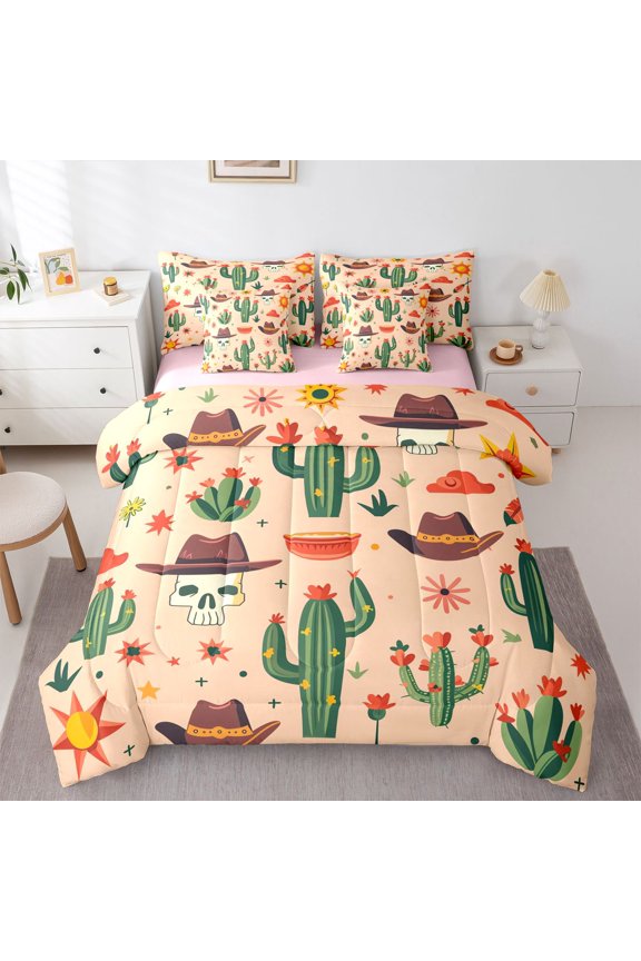 Hippie Cactus Plant Twin Bedding Sets 7pcs, Western Skeleton Bedding Comforter Set