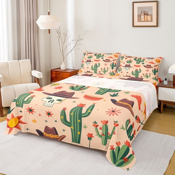 Feelyou Hippie Cactus Plant Twin Sheet Sets, Western Skeleton Bedding, 3-Piece