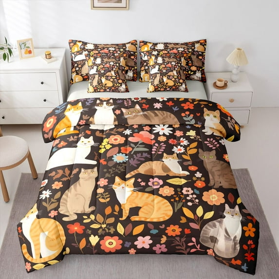 Feelyou Hippie Cat Bedding Comforter Set 7-Piece, Rustic Flower Full Bedding Set