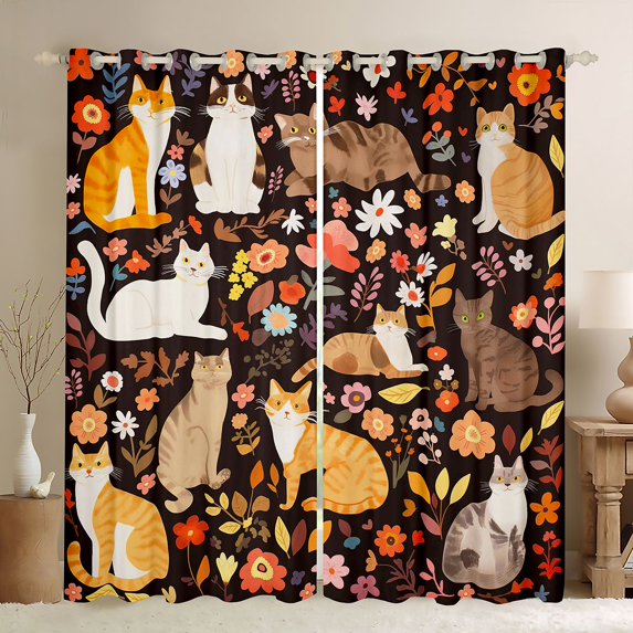 Feelyou Hippie Cat Black Out Curtains, Rustic Flower Curtains Pack of 2 (42x63 Each)