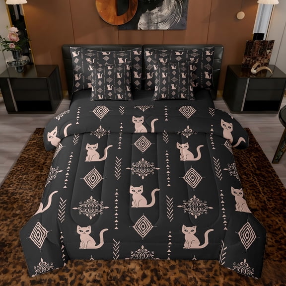Feelyou Hippie Cat Twin Bedding Sets 7-Piece, Damask Aztec Triangle Bedding Comforter Set