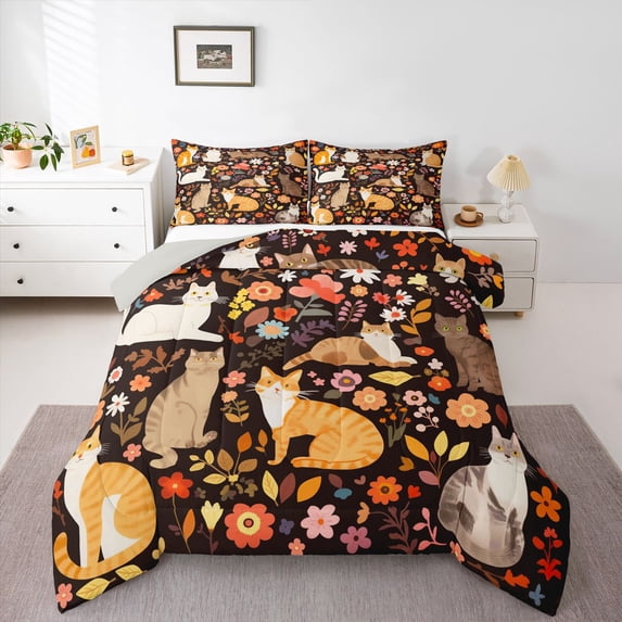 Feelyou Hippie Cat Twin Comforter Sets, Rustic Flower Bedding Set, 2-Piece