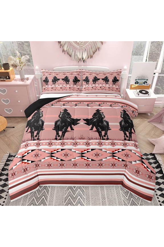 Hippie Cowboy Horse Queen Comforter Set, Pink Aztec Abstract Bedding Set, 3pcs