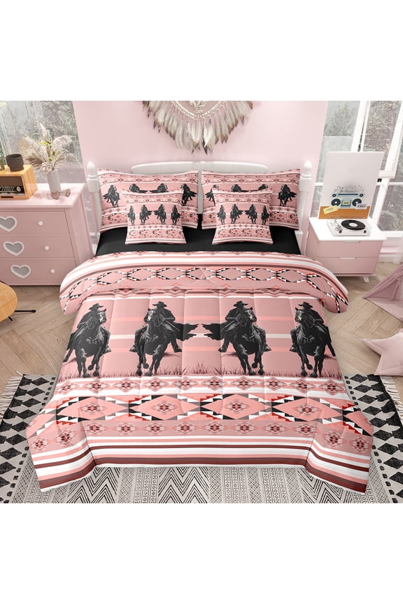 Hippie Cowboy Horse Twin Bedding Sets 7pcs, Pink Aztec Abstract Comforter Set