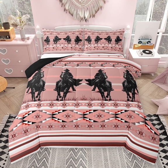 Feelyou Hippie Cowboy Horse Twin Comforter Sets, Pink Aztec Abstract Bedding Set, 2pcs