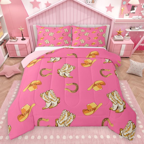 Feelyou Hippie Cowgirl Boot Queen Comforter Set for Kids, Southwestern Hat Bedding Sets, Pink Princess Style Reversible Bedding Comforter Set, Super Cozy Room Decor, 3 Pieces