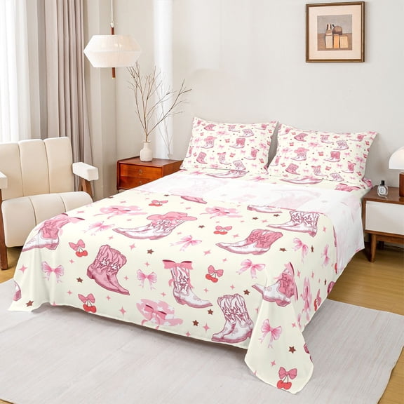 Feelyou Hippie Cowgirl Cowboy Full Size Sheets, Bowknot Cherry Bed Sheets, 4-Piece